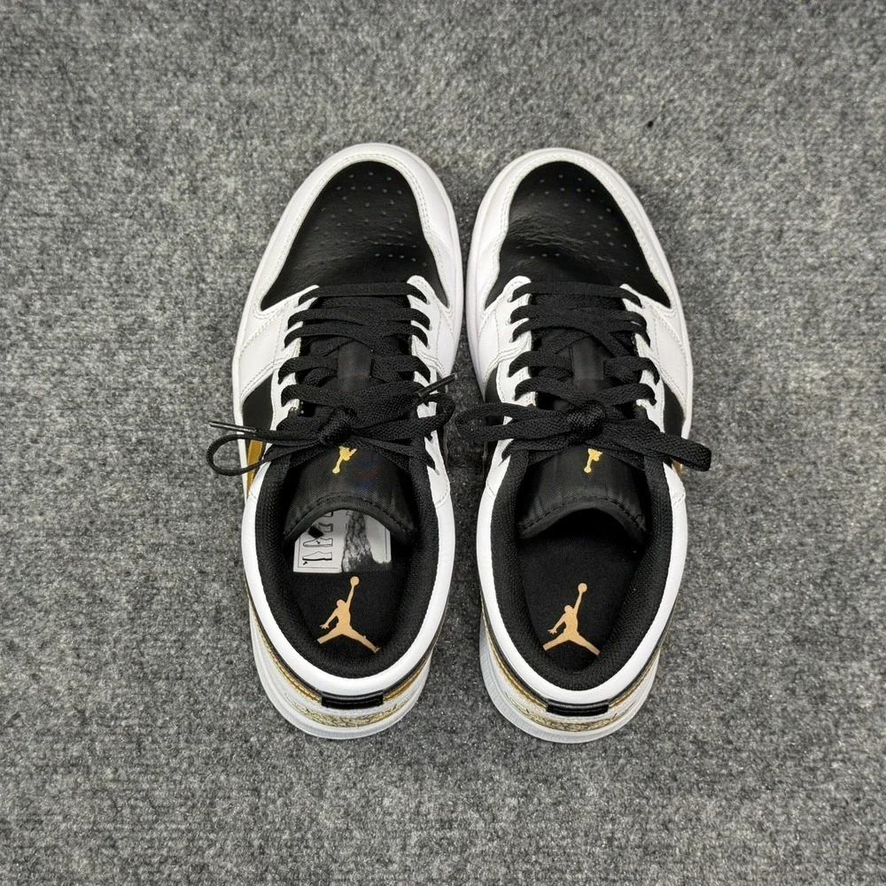 Jordan 1 Low Shoes Men's 8 White Black Metallic Gold Swoosh Athletic Sneakers